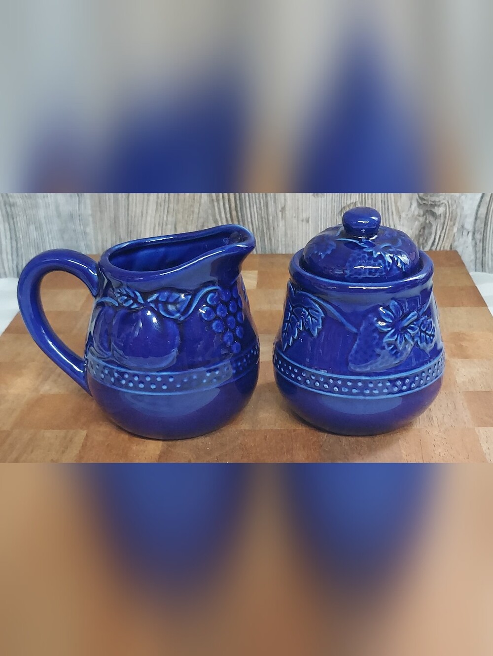 Vintage Cobalt Blue Ceramic Sugar/Creamer Set, Raised Fruit Pattern Farmhouse